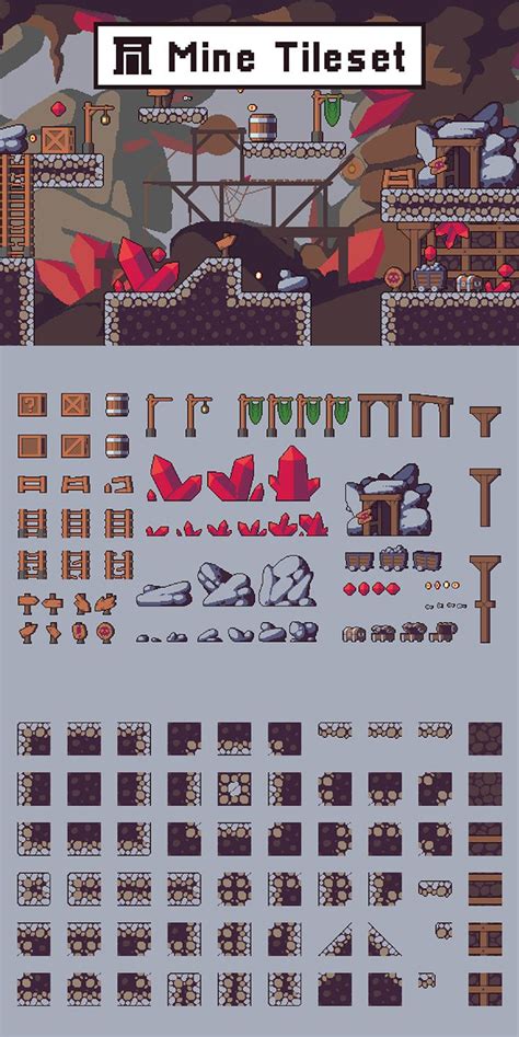 Mine Tileset Platformer Pixel Art - CraftPix.net | Pixel art landscape ...