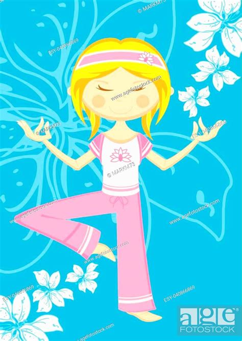 Cartoon Yoga Girl With Flowers Vector Illustration Stock Vector