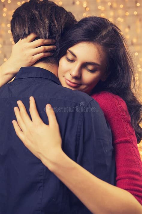 Beautiful Brunette Caucasian Romantic Loving Couple In Cozy Warm Stock