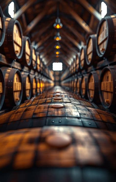 Wine Barrels Stacked In The Old Cellar Of The Winery Stock Photo