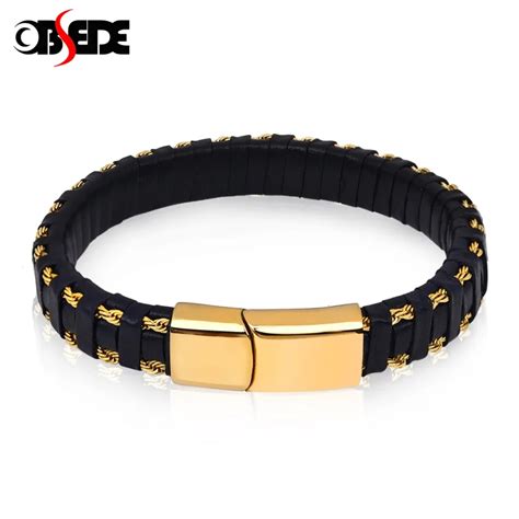 Obsede Punk Nueva Pulsera De Cuero Negro Trenza Plata Oro Acero