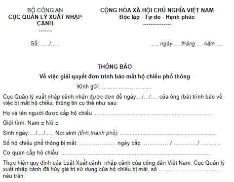 Mẫu Thông Báo Giải Quyết đơn Trình Báo Mất Hộ Chiếu Phổ Thông Mới Nhất