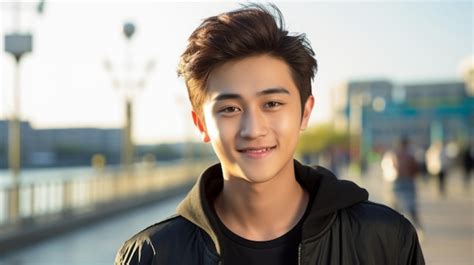 Hombre Chino Adolescente Sonriente Con Foto De Cabello Lacio Casta O