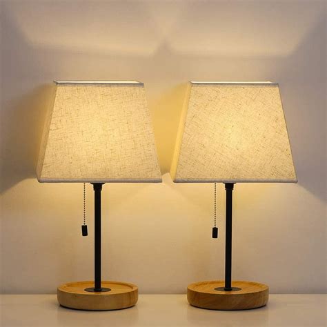 Nex Black Minimalist Bedside Lamps Pull Chain And Wood Base Set Of 2