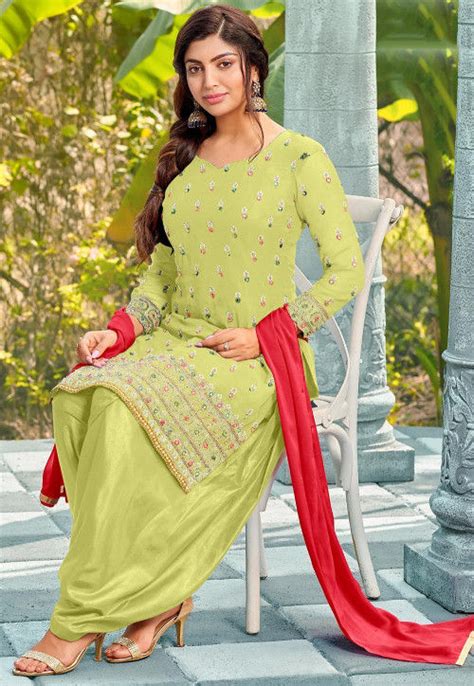 Buy Embroidered Georgette Punjabi Suit In Light Green Online KCH10158