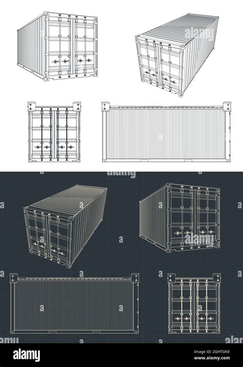 Stylized Vector Illustration Of Blueprints Of Shipping Container Stock