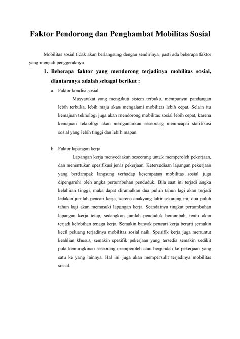 Faktor Pendorong Dan Penghambat Mobilitas Sosial 1 Beberapa Faktor Yang Mendorong Terjadinya