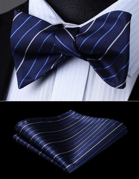 Bow Tie Handkerchief Set Men Woven Party Wedding Navy Blue Striped Self Bow Tie Pocket Square