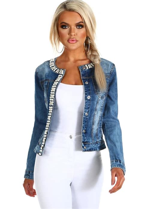 You Re A Gem Blue Pearl Embellished Denim Jacket In Denim