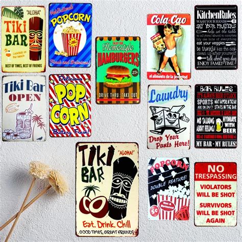 Tiki Bar Tin Signs Kitchen Rules Metal Plate Garage Wall Pub Restaurant