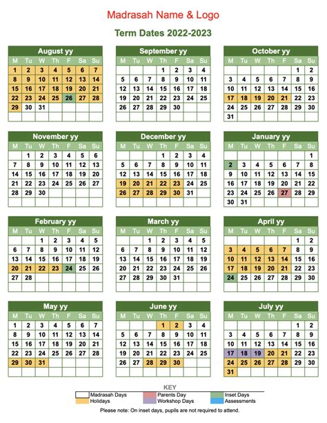 Term Dates Template An Nasihah Publications