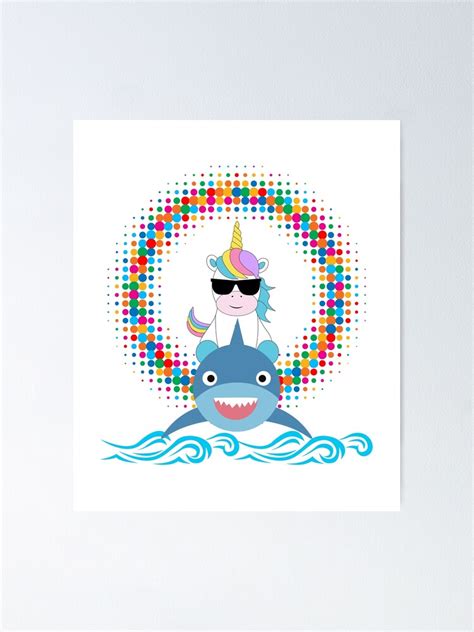 Cute Unicorn Riding Shark With Rainbow Vortex Background Poster For