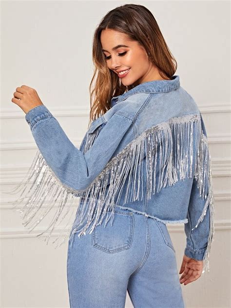 Contrast Sequin Fringe Detail Raw Hem Denim Jacket SHEIN USA