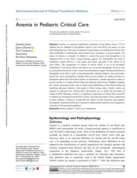 Pdf Anemia In Pediatric Critical Care