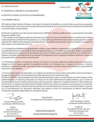 Manifiesto De CIMTRA Respecto Al Nombramiento Del IFAI PDF