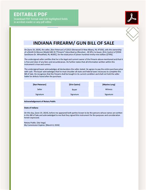 Indiana Firearm Gun Bill Of Sale Template In Google Docs Pdf Word