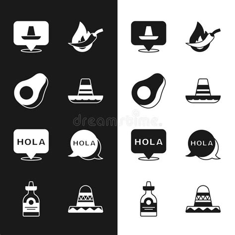 Set Mexican Sombrero Avocado Fruit Hot Chili Pepper Pod Hola And Tequila Bottle Icon Vector