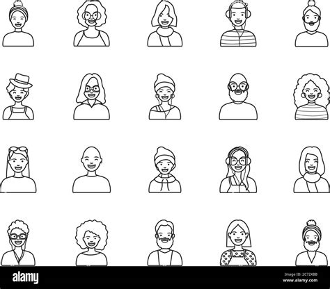 Cartoon Women And Diversity People Icon Set Over White Background Line