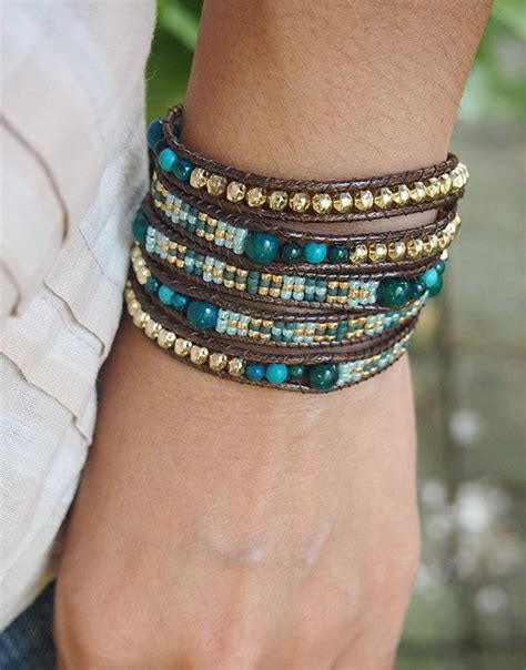 Green Stone Mix Wrap Bracelet With Seed Beaded Boho Wrap Bracelet