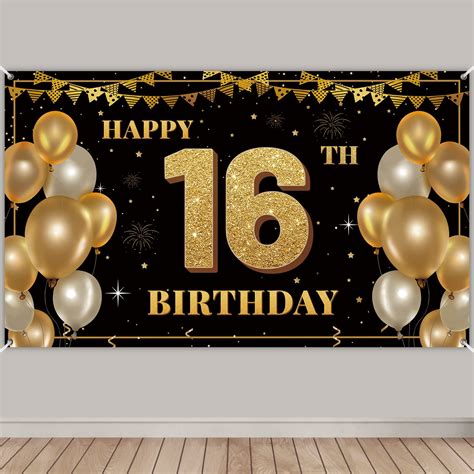 Buy TZSS Large Happy 16th Birthday Party Decoration Banner, Black and Gold Happy 16th Birthday ...