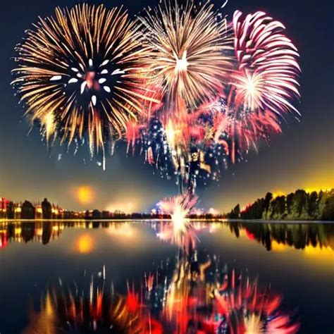 Fireworks Over Water With Reflection Patriotic