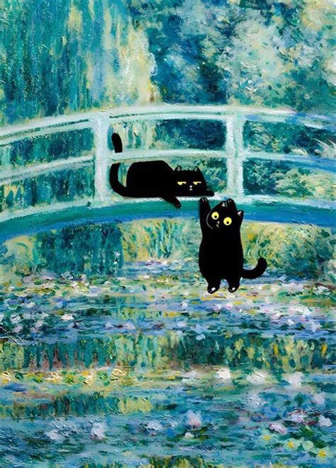 Two Black Cats Sitting On Top Of A Bridge Next To Water Lilies And Lily