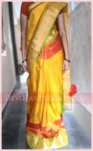 Indian Traditional Handloom Sarees Uppada Yellow With Red Color Silk