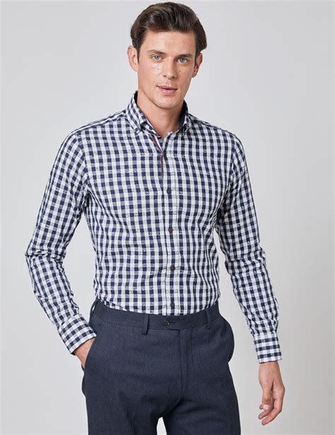 Easy Iron Cotton Jacquard Gingham Plaid Mens Slim Fit Shirt With Single Cuff And Button Down