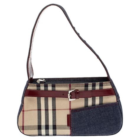 Burberry Blueburgundy Check Canvas And Denim Buckle Baguette Bag