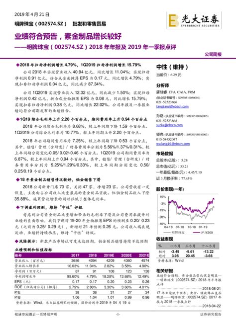 2018年年报及2019年一季报点评：业绩符合预告，素金制品增长较好