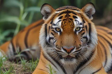 Premium Photo | Bengal tiger with mustache lies in the jungle and looks ... 