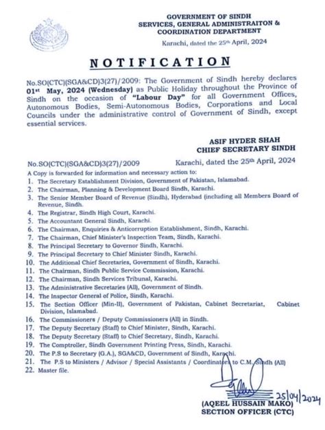 Sindh Government Declares May 1st 2024 As Public Holiday In Honor Of