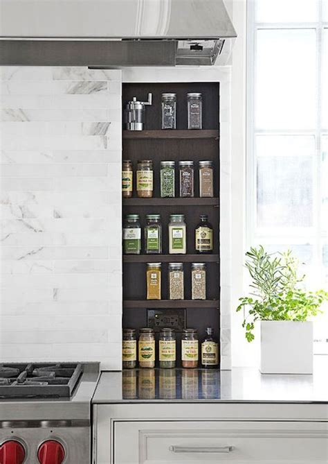 Kitchen Cooktop Spice Rack Hidden Behind Marble Backsplash Panel De