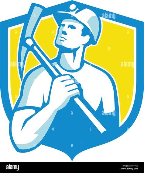 Coal Miner Holding Pick Axe Looking Up Shield Retro Stock Vector Image