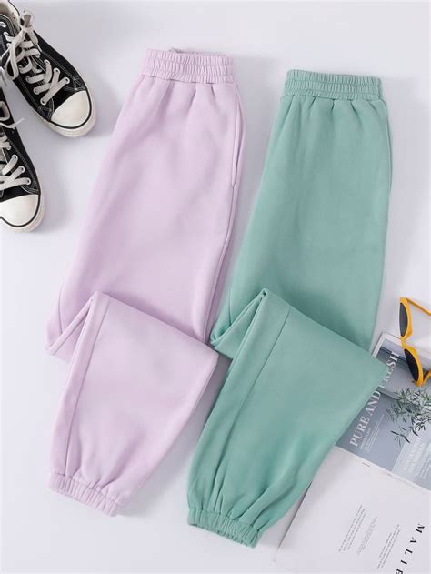 2pcs Solid Elastic Waist Thermal Sweatpants Cute Sweatpants Outfit