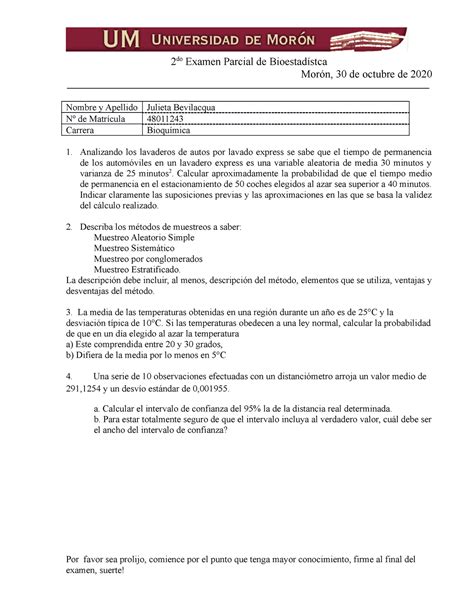 2 parcial bioestadística 2 do Examen Parcial de Bioestadístca Morón