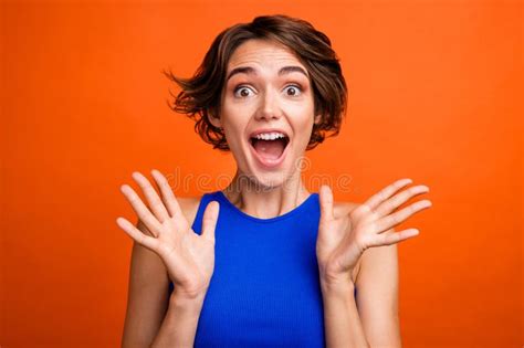 Photo Of Good Mood Impressed Girl Dressed Blue Top Smiling Open Mouth