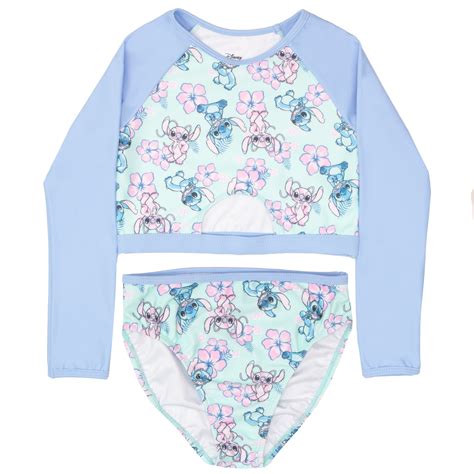Disney Lilo Stitch Girls Piece Swimsuit Set Long Sleeved Rash Guard And Bikini Bottoms With