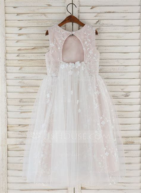 A Line Tea Length Flower Girl Dress Tulle Lace Sleeveless Scoop Neck