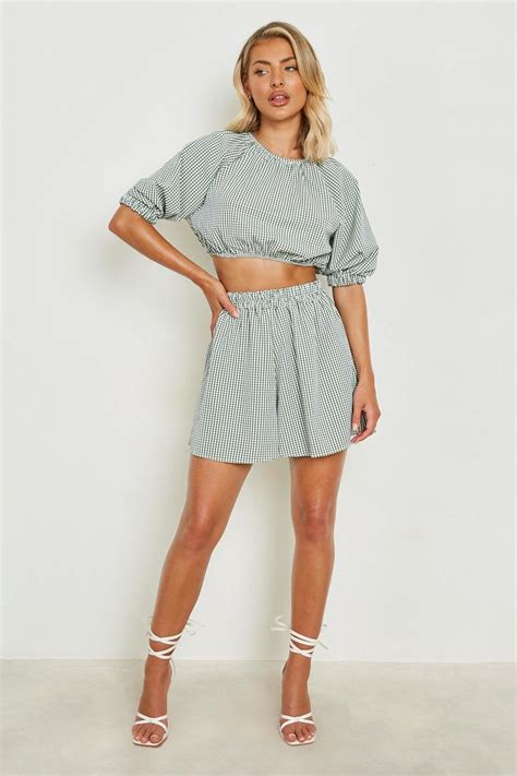 Womens Seersucker Gingham Crop And Flippy Shorts Boohoo Uk