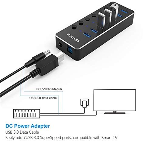 Powered USB HUB RSHTECH Type C To 7 Port USB 3 0 Hub Aluminum Portable