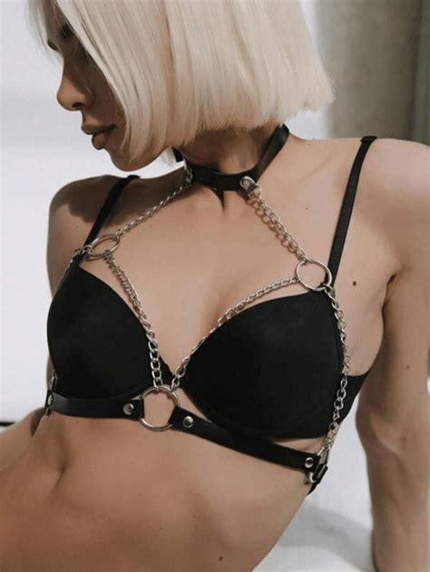 Pc Women S Black Equestrian Lingerie Chain Harness Adjustable Leather Neck Collar Waist Belt