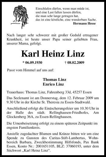 Traueranzeigen Von Karl Heinz Linz Trauer In NRW De