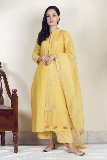 Buy Yellow Chanderi Embroidery Band Collar Kurta Set For Women By Beige