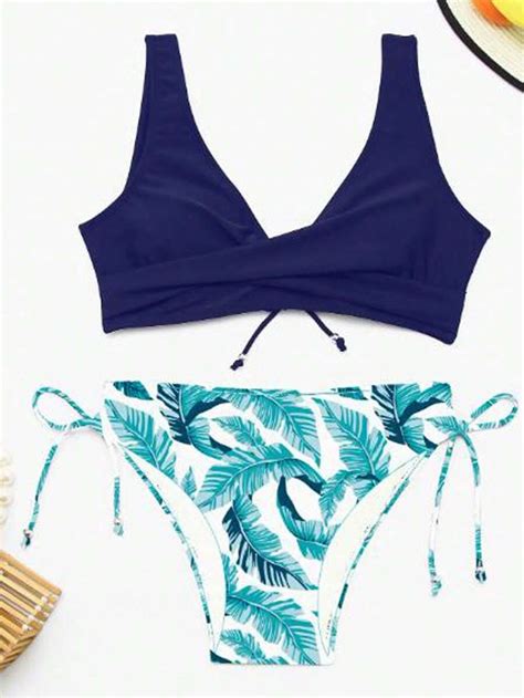 Women S Summer Bikini Set Solid Color V Neck Tank Tops With Lemon Print