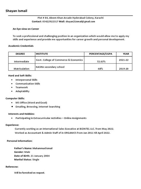 Shayan Ismail Cv Pdf Pdf
