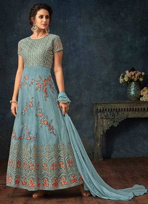 Buy Sky Blue Embroidered Abaya Style Anarkali Suit Party Wear Online At