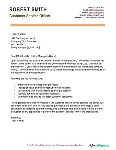 Customer Service Agent Cover Letter Examples Qwikresume