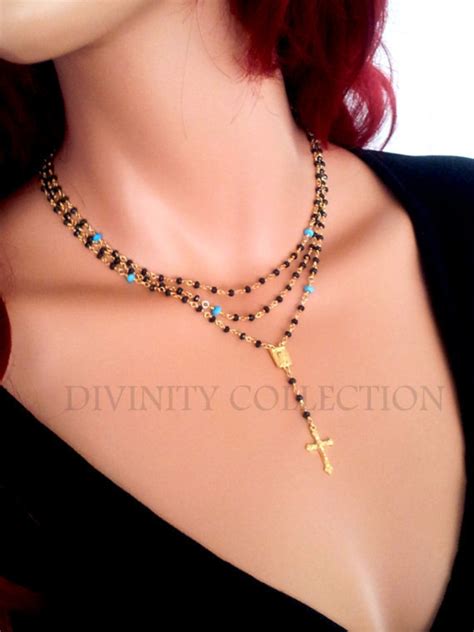 Black Spinel Rosary Necklace Women Girls Turquoise Rosaries Etsy