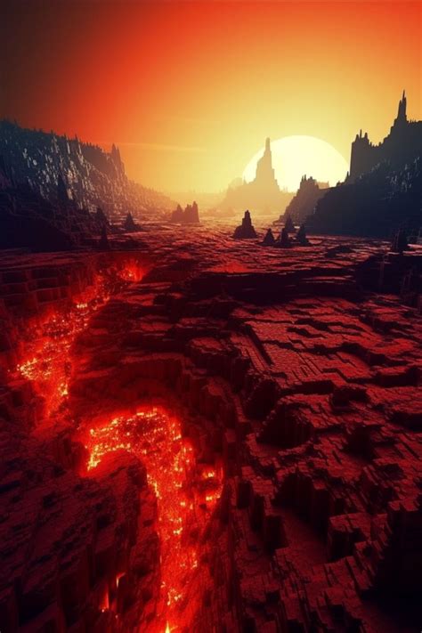 Minecraft Style Martian Hell With Lava And Dark Rocks